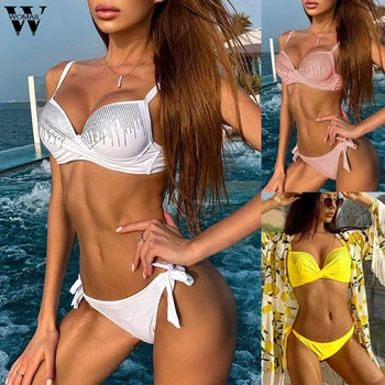 

Sexy Rhinestone Bikini 2020 Women Push up swimsuit female Knot bathing suit Brazilian bikini bathers Beach swimwear women Pink P