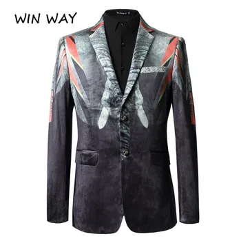 

Win Way Blazer Men Casual Print Jacket Stage Suit Host European Style Male Costume Slim Fit Luxury Outerwear