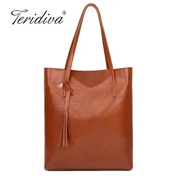 

Tassel Totes Women Bucket Handbag Vintage Oil Leather Shoulder Bags Large Capacity Ladies Tote Purse Shopping