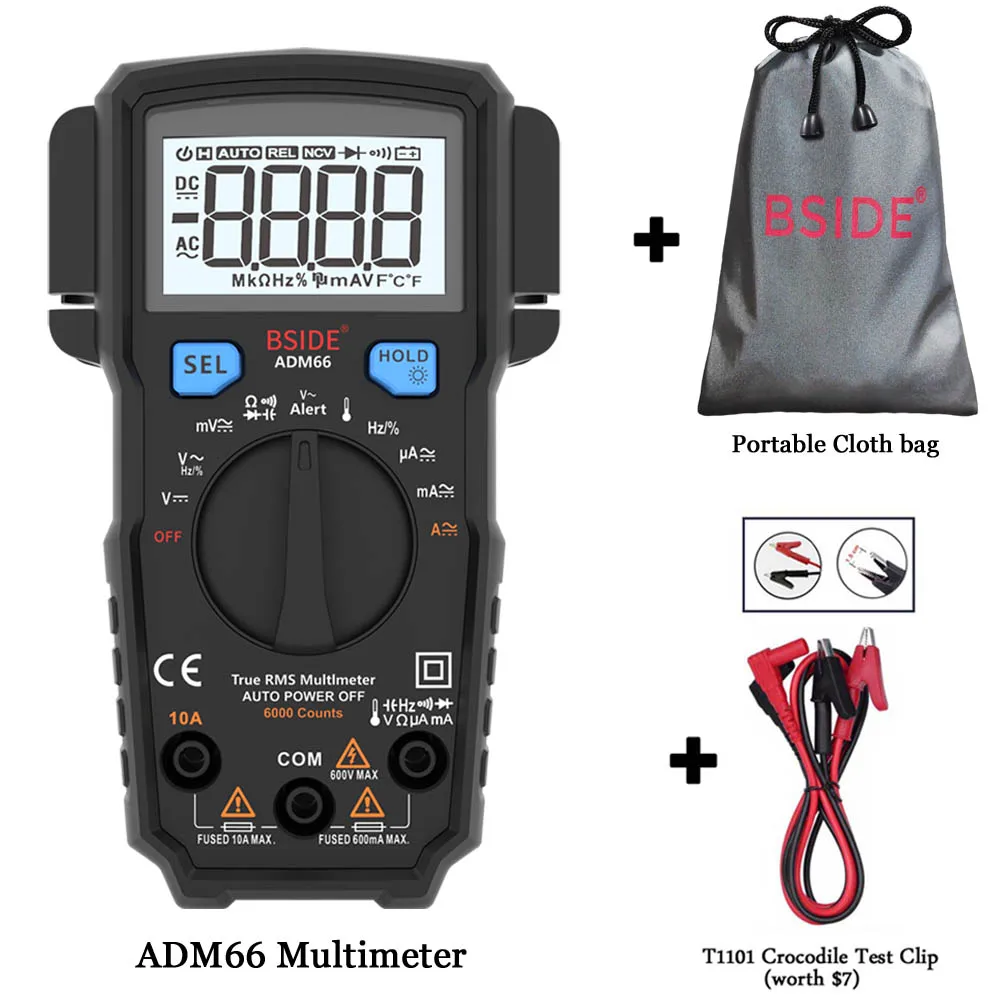 ADM66-T1101-Bag Портативный цифровой мультиметр BSIDE ADM66 Автоматический диапазон True Multimetro DC вольтметр переменного тока Амперметр термометр диод тестер - Цвет: ADM66-T1101-Bag
