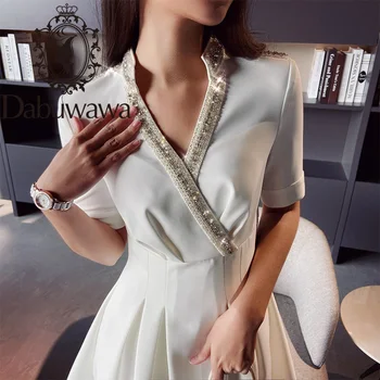 

Dabuwawa Vintage V-Neck Fit and Flare Beading Dress Women Short Sleeve Pleated Solid Party Dresses Female Ladies DT1BDR012