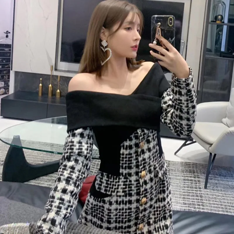 DEAT New Winter Slash Collar Full Sleeves Off Ther Shoulder Plaided Knits Spliced Woolen Single Breasted Dress 19G-a78-01