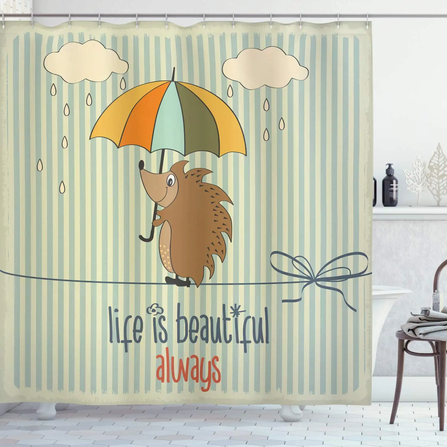 

Quotes Decor Collection, Hedgehog with Umbrella under Rain and Phrase Life is Beautiful Always Pattern, Polyester Fabric