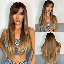 

EASIHAIR Long Straight Brown Ombre Synthetic Wigs for Women Natural Hair Straight Wigs with Bangs Cosplay Wigs Heat Resistant
