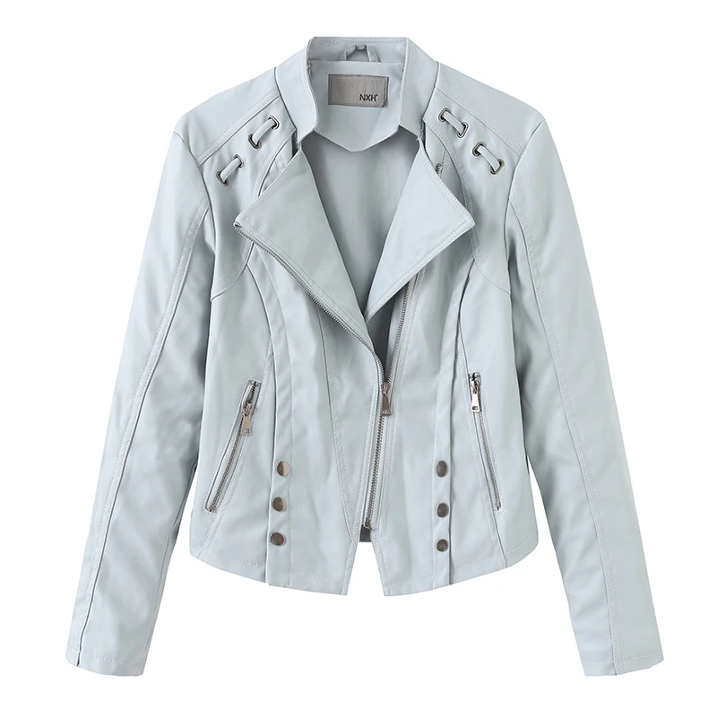 Light Blue Autumn Winter Women Slim Cool PU Faux Soft Leather Jackets Ladies Basic Zipper Outwear Coat Biker Streetwear Plus Size - Цвет: Light Blue