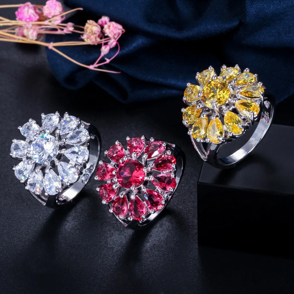 ThreeGraces, 4 варианта цвета, дизайнерские женские кольца с большим цветком от солнца, белые, красные, фиолетовые, желтые женские кольца с камнем, 925 серебряные ювелирные изделия, кольцо RG029