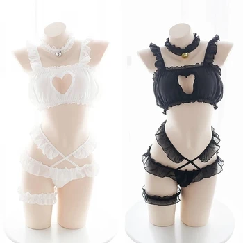 Conjunto de lencería Sexy con corazón calado para mujer, camisolas de Cosplay de Anime, ropa interior transparente Lolita, Tops y anillo de cuello con cinturón 2