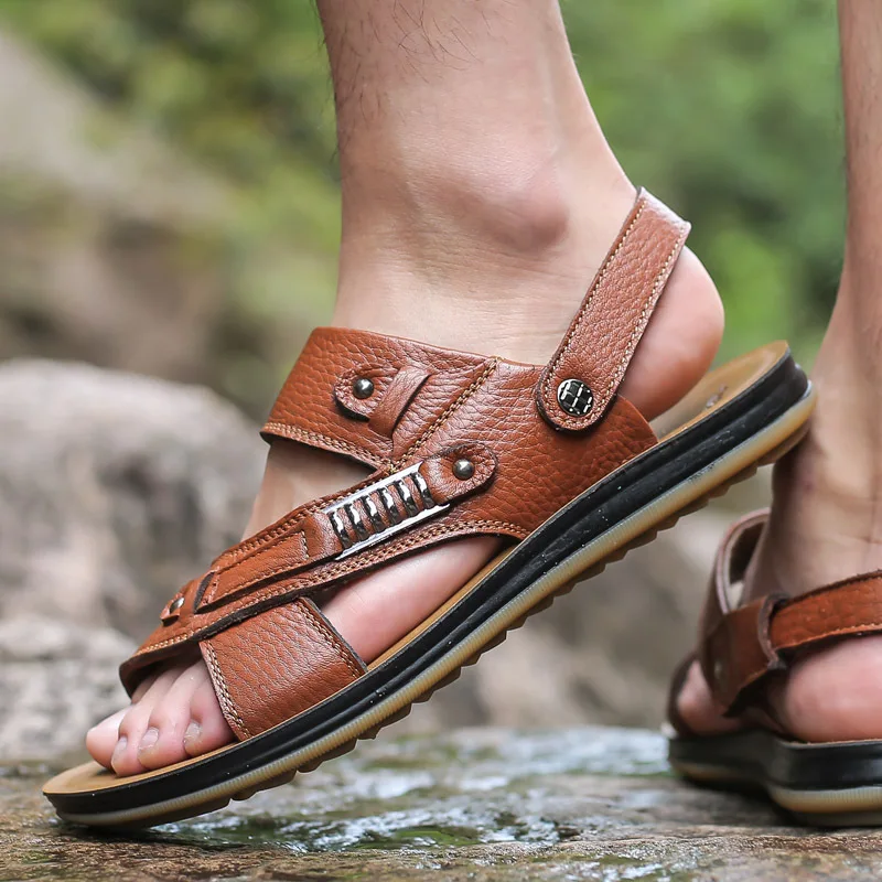 

Teenager Rubber Sole MEN'S Sandals Casual Men Genuine Leather Sandals Dual Purpose Large Size Wear-Resistant Anti-slip Beach Sho