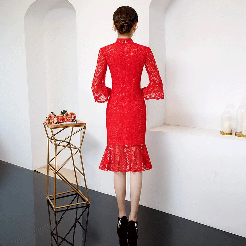 Красное летнее платье до колена Cheongsam, сексуальное платье в китайском стиле, женское кружевное платье Qipao, тонкое вечернее платье, женская пуговица, Vestido, S-4XL