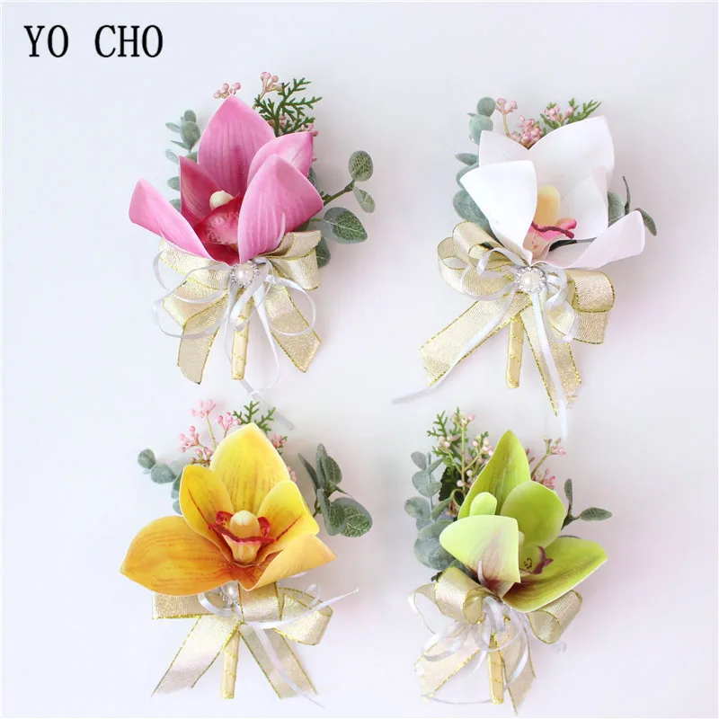 Yo Cho Artificiale Di Seta Fiore Di Orchidea Sposo Boutonniere Sposa Polso Corsage Del Braccialetto Della Perla Di Cerimonia Nuziale Del Partito Del F