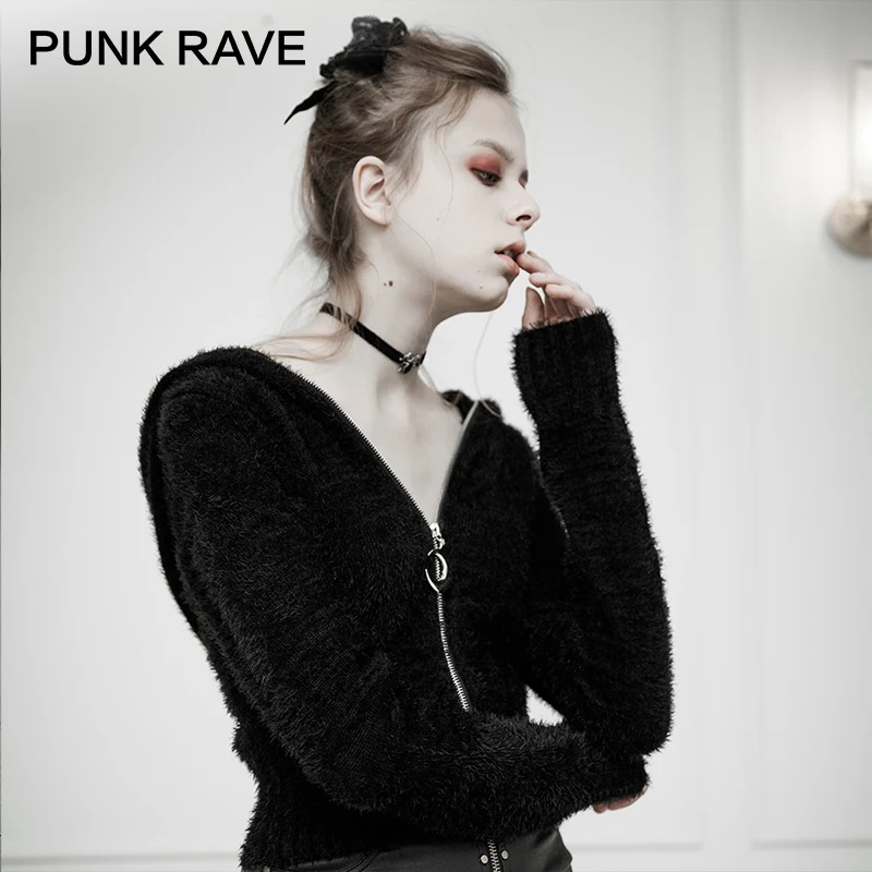  PUNK RAVE Women's Tight Hooded Cardigan Sweater Warm Imitation Mink Hair Moon Pendant Personality H