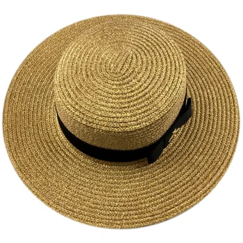 

Women Wide Brim Summer Beach Hats Natural Straw Boater Hats Flat Top Sun Hats Dress Cap Fashion Show Chapeau Feminino Sun Cap Go