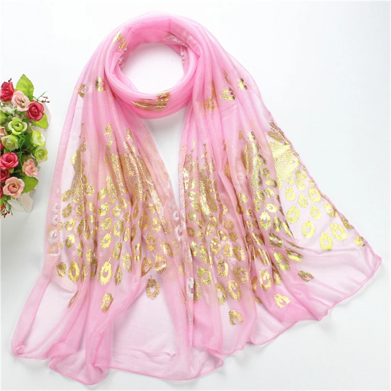 Яркие цвета Павлин золотой шарф с принтом для женщин шифоновые шарфы средняя длинная шаль женский весна лето парео для пляжа