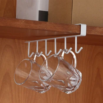 

6 Hooks Wardrobe Cabinet Under Shelf Storage Rack Kitchen Cup Holder Hang Organiser Hanging Hook Bathroom Storage Accessories