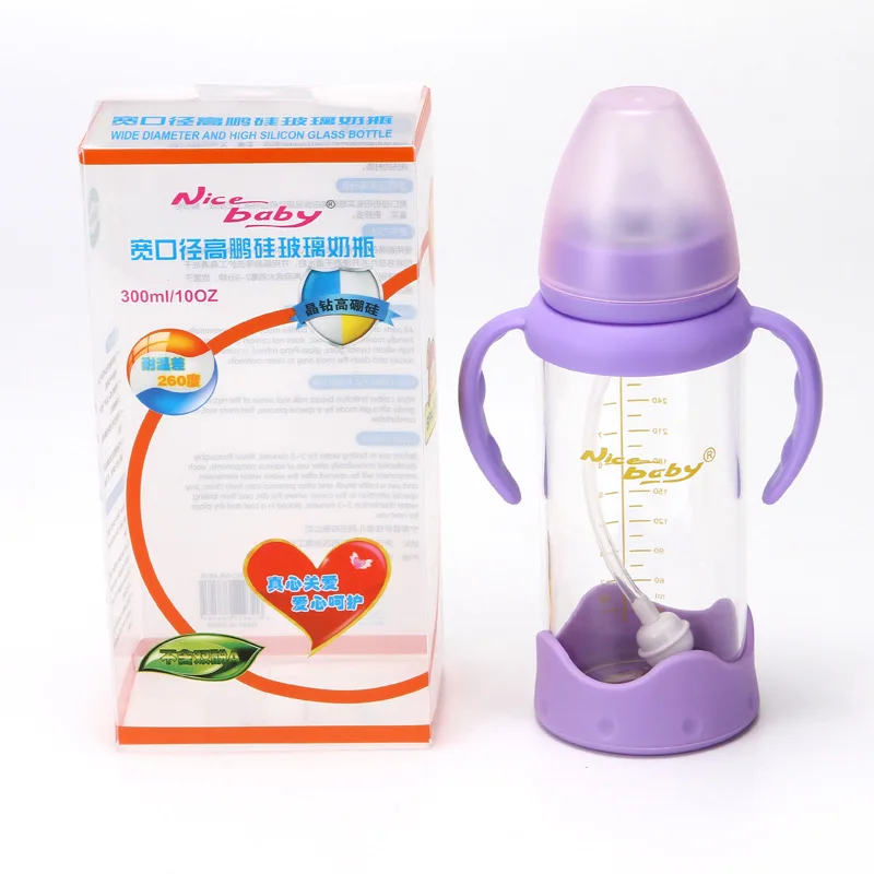 

Wide Aperture Borosilicate Feeding Bottle Infants 300ml with Handle Crystal Diamond Glass Feeding Bottles Shatter-resistant agai