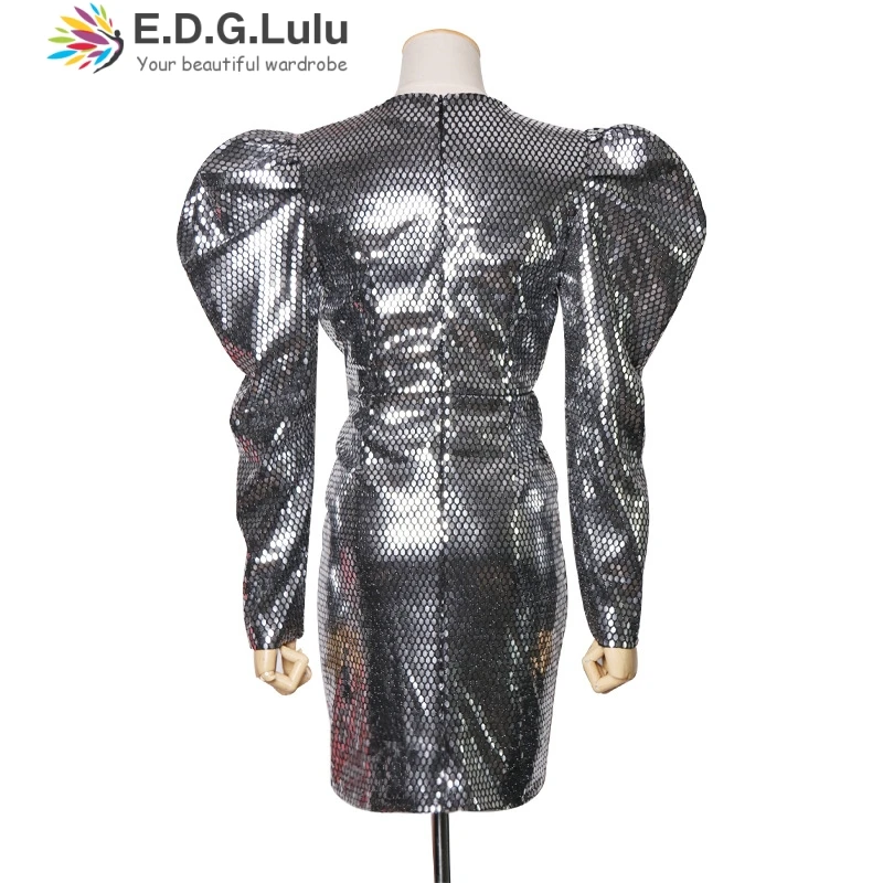 EDGLuLu new arrival high quality vintage puff sleeve dress v neck party evening elegant luxury black sequins dress for woman