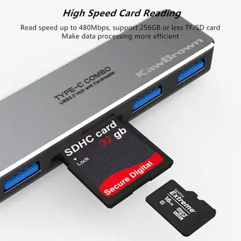 

KawBrown Single Port Type-c Hub To USB 3.0 Adapter Cable TF/SD Card Reader 5-in-1 Multi-function Converter Cable For Laptop