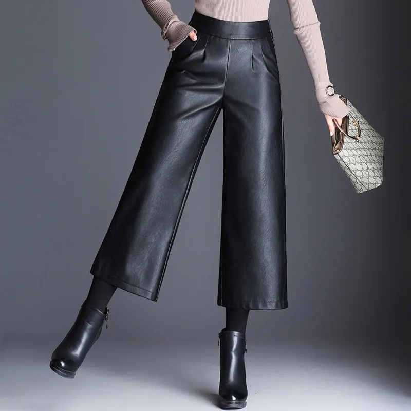 

[EWQ] Korean Trend High Waist Tight Waist Leather Pants High Quality Fashion Ladies Black PU Nine Pants 2019 Autumn New QL018