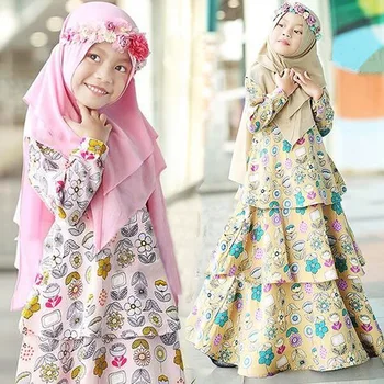 

Muslim Maxi Dress Print Abaya 2pcs Set Children Wear Suits Kids Hijab Girl Long Robe Gowns Kimono Jubah Eid Ramadan Arab Islamic