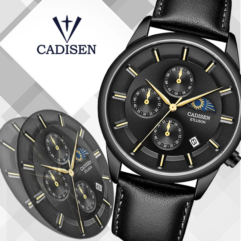 CADISEN новые мужские часы, мужские часы, Топ бренд, Роскошные Кварцевые часы для мужчин, водонепроницаемые часы для мужчин, Moon phase Relogio Masculino