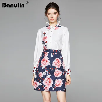 

Banulin Autumn Womens 2 Piece Outfit Set 2020 Fashion Runway Red Rose Print A-Line Mini Skirt and Top Set Two Piece Set Women