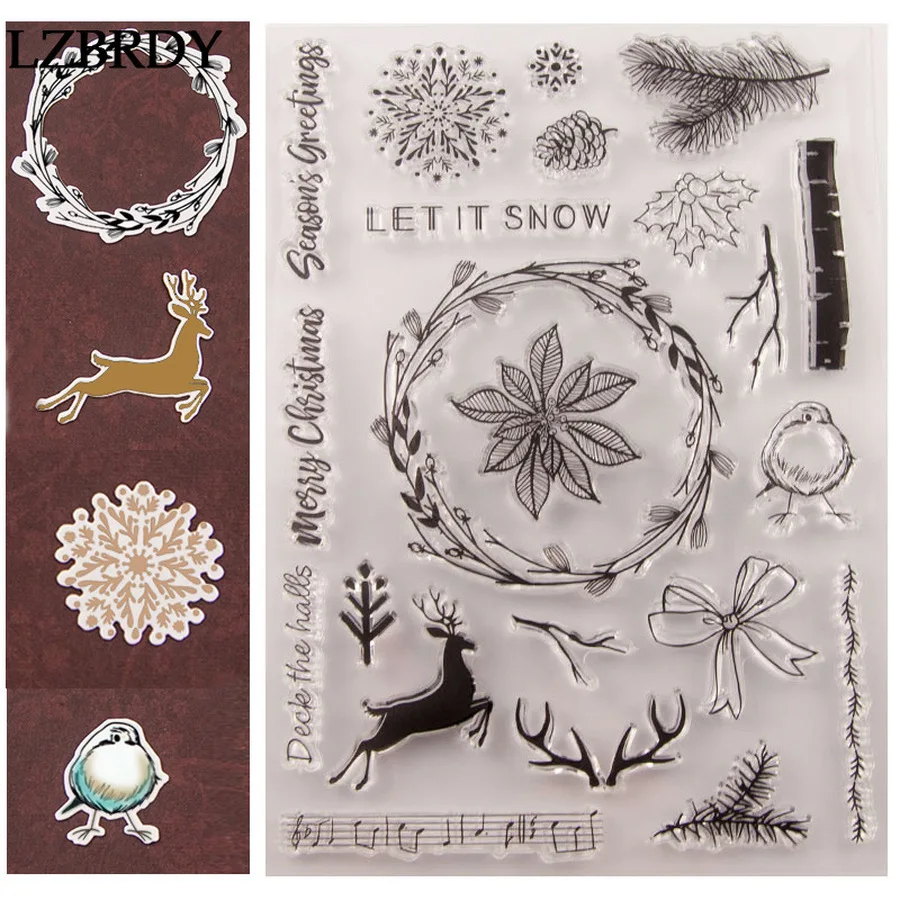 Красивый Снежный цветочный венок Рождественский олень птицы бант штампы и для