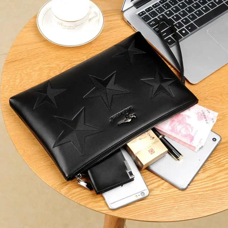Star Embossing Men's PU Leather Wallet Handbag Zipper Clutch Long Wallet Business Large Capacity Clutch Purse Detachable Wristle