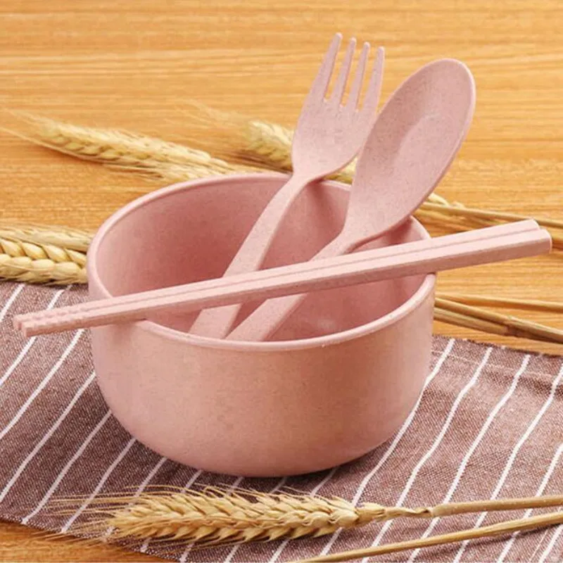 

Wheat Straw Children Tableware Set Cute Bowl Spoon Fork Chopsticks Eco-friendly Kids Eating Dinnerware Set