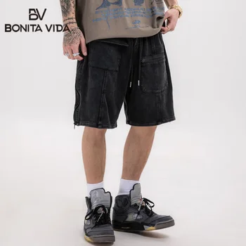 

Bonita Vida Hip Hop Cargo Shorts Streetwear Vintage Washed Black Harajuku Jogger Shorts Summer Zipper Pockets Cotton Men Short