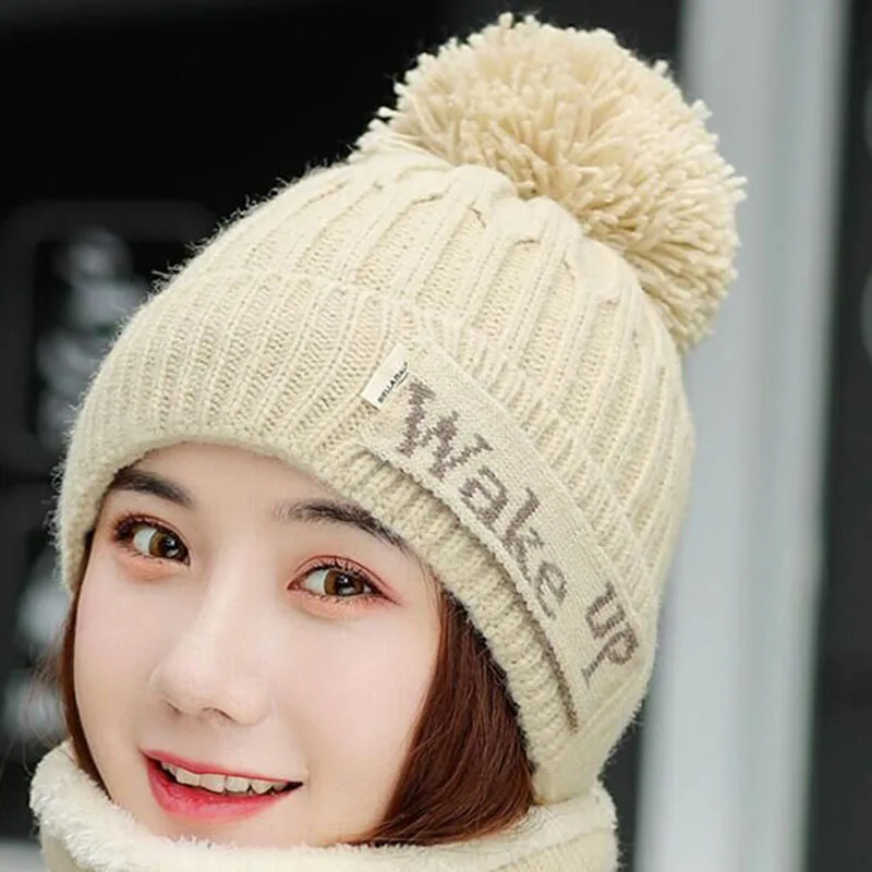 Hat beige Новая брендовая Зимняя Вязаная Шапка-бини, Женская Толстая теплая шапка куполообразная шапка, женские шапки-бини с буквами, уличные наборы для езды на велосипеде, нагрудник - Color: Hat beige