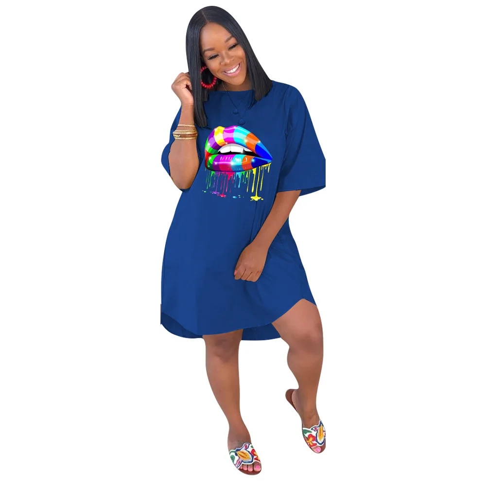 Синий Colorful lip print sexy women dress o neck casual robe femme lady sexy short sleeve summer dresses DMN018 - Цвет: Синий
