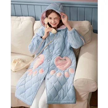 

2020Coral Fleece Pajamas Women's Autumn and Winter Three-Layer Warm Cotton-Padded Mid-Length Sweet Hooded Padded Cotton-Padded