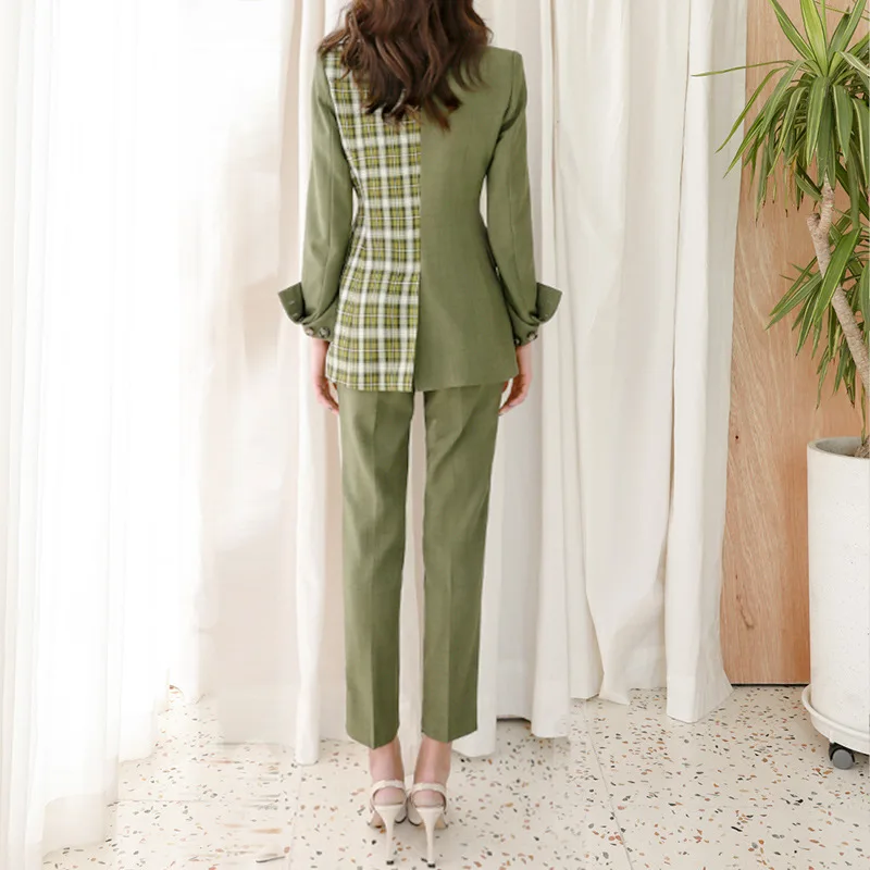 2020 new women's professional blazer pants two-piece suit Fall new slim plaid stitching ladies jacket Casual straight trousers