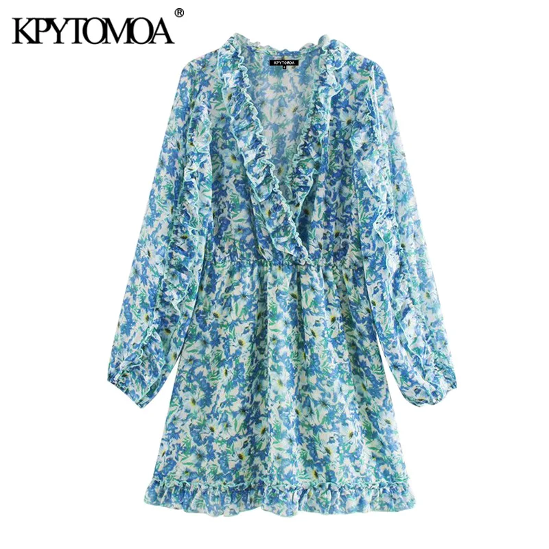 KPYTOMOA Women 2020 Chic Fashion Floral Print Ruffled Chiffon Mini Dress Vintage V Neck Long Sleeve Female Dresses Vestidos KPYTOMOA Women 2020 Chic Fashion Floral Print Ruffled Chiffon Mini Dress Vintage V Neck Long Sleeve Female Dresses Vestidos