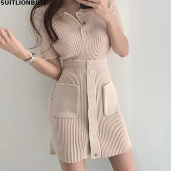

Korean Elegant Ladies 2020 Knitted Solid Two Piece Set Pullover Short Blouse Single-breasted Slim Skirt Ropa Mujer Ins Sexy Sets