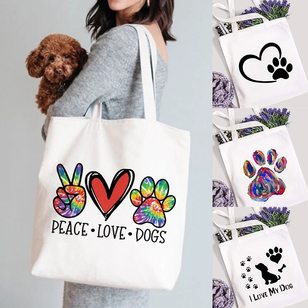 

Сумка для покупок Peace Love Dogs Paw, Женская Холщовая Сумка-тоут для мам, сумка на плечо, многоразовая забавная вместительная сумка для хранения