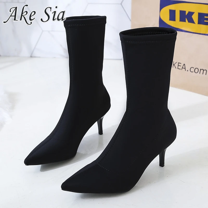 

2019 autumn elastic short boots high-heeled pointed fashion boots Europe fashion slim Martin boots women's shoes