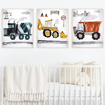 

Construction Vehicle Watercolour Boys Wall Art Canvas Painting Pictures Dump Truck Excavator Posters And Prints Kids Room Decor