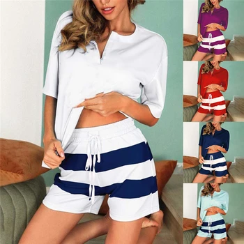 

Casual New Women Loose Pajamas Sets Dot Print Summer Short Sleeves Shirts+Pants Sleepwear Nightwear Woman Pajama Homewear Robe