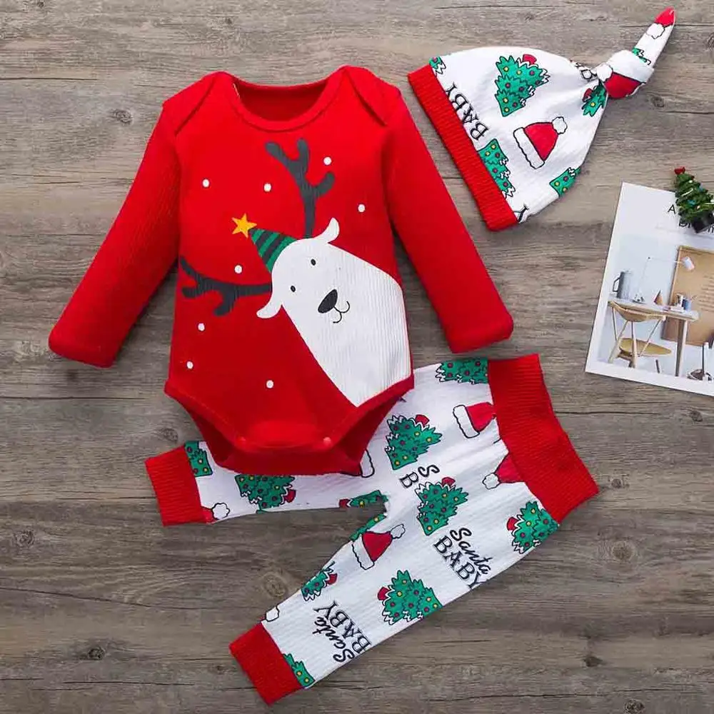 Милая одежда для маленьких девочек; Рождественский принт для мальчиков и девочек; комбинезон с длинными рукавами; штаны; шапки; Новинка; Одежда для новорожденных; bebes