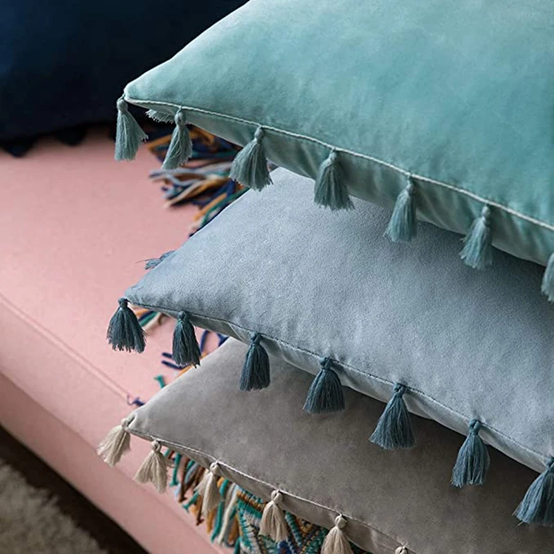 Inyahome Water Blue Velvet Soft Solid Decorative Throw Pillow Cover with Tassels Fringe Boho Cushion Case for Couch Sofa Bed 2
