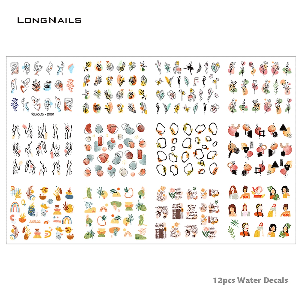 

12pc/set Ode of Spring Water Decals Transfer Stickers Nail 6*5cm Leaf Pink Wave Curve Line Nail Art Water Decals Transfer 3D1Y23