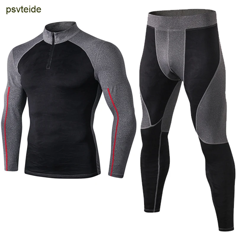 Psvteide, 2 предмета, спортивный костюм, мужская спортивная одежда, компрессионный комплект, Спортивная мужская одежда с длинным рукавом, Майки для велоспорта, облегающие, удобные костюмы - Цвет: Black Set
