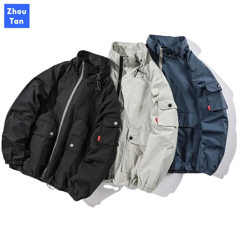 

Autumn Men's Tooling Jacket Multi-pocket Coat Japanese Stand Collar Neutral Windproof Jackets Loose Casual Couple Solid Color