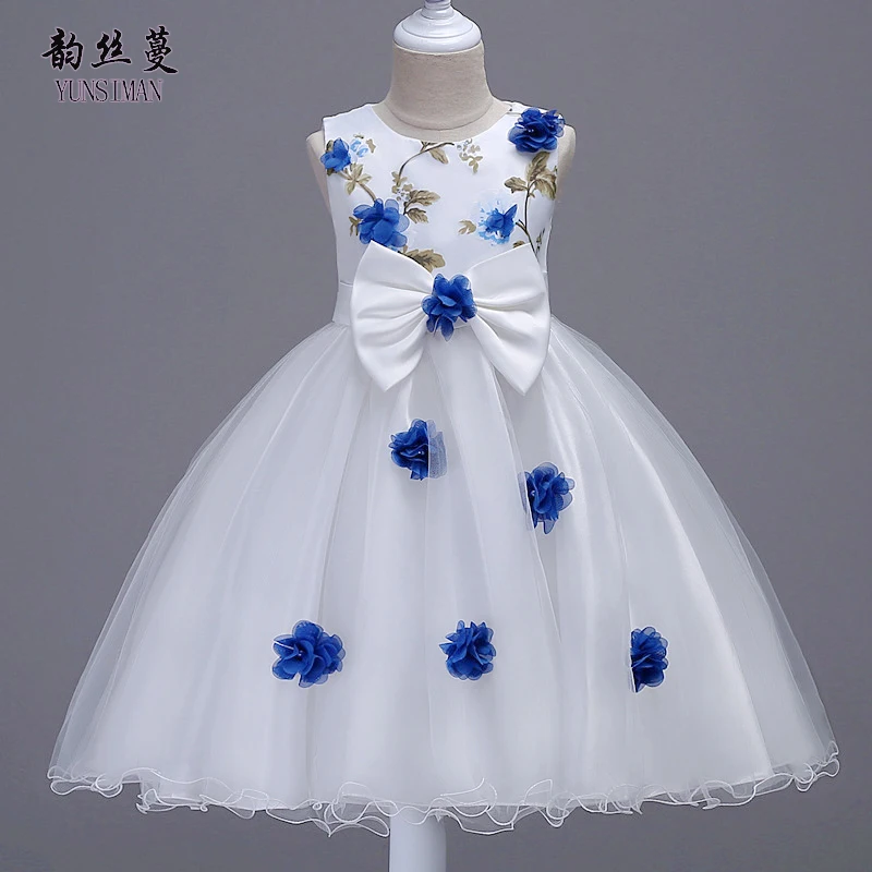 

2019 Kids Girls Princess Dress for 4 6 8 10 to 12 White Mesh Blue Flower Pageant Outfit Kids Dresses for Girls Party 1Q47