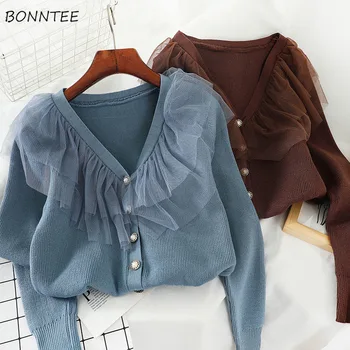 

Sweater Women Cardian Autumn Winter All Match Stylish Patchwork Mesh Womens Sweaters V-neck Elegant Korean Top Knitted Casual