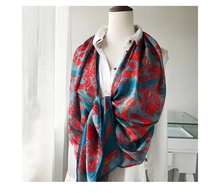 Женский длинный шелковый шарф [BYSIFA] красно синий накидка из 100% натурального шелка