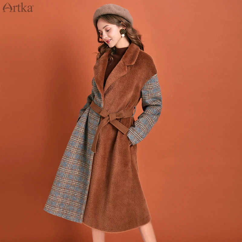 Женское шерстяное пальто в клетку ARTKA коричневое винтажное из искусственной