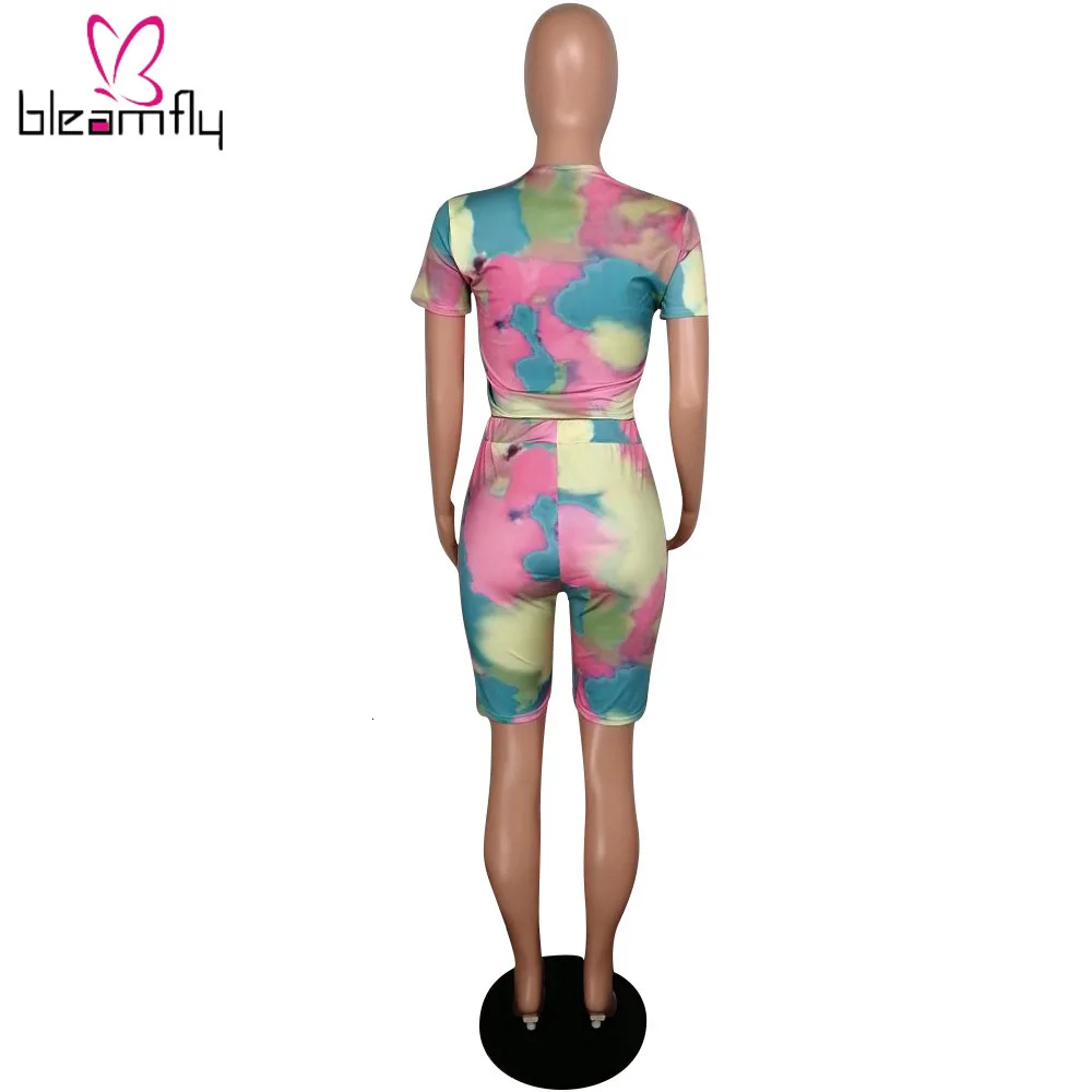 Комплект летней одежды для женщин из 2 предметов с радужным принтом «Tie Dye», короткий топ на молнии и обтягивающие шорты, Спортивная Байкерская Одежда