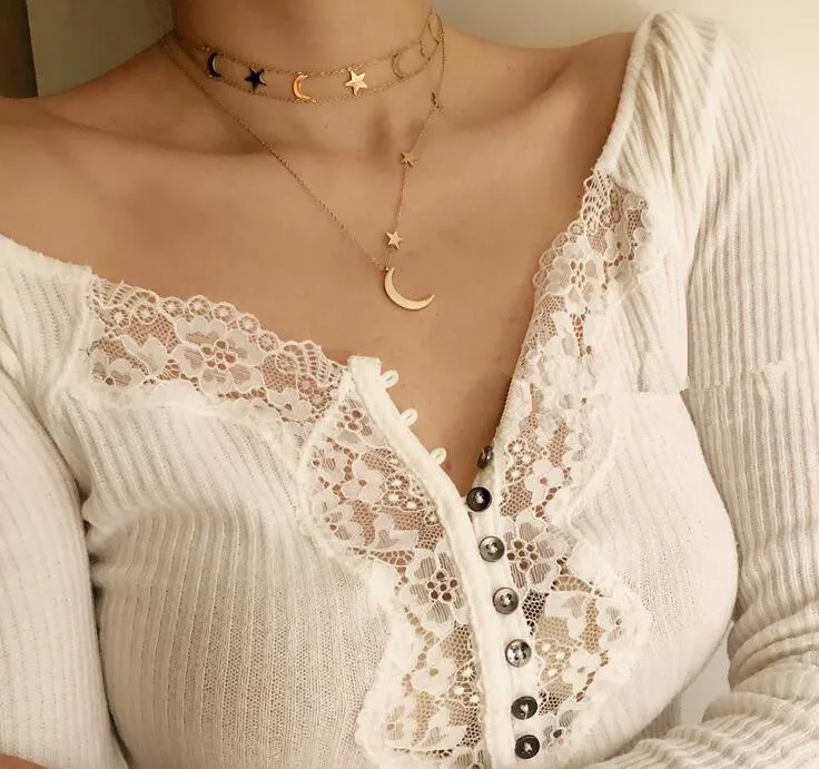 Amaiyllis 18k Gold Doppel Schicht Schlüsselbein Halskette Anhänger Mond Sterne Goldenen Halsreif Halsketten Für Frauen Sommer Schmuck – Detail 3